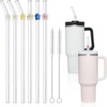 6 Pack Replacement Glass Straws for  40 oz 30 oz Tumbler, Cute Flower Glass Straws with Charms,  Straw with Cleaning Brush  Accessories