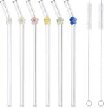 6 Pcs Reusable Glass Straws with 2 Cleaning Brushes, Cute Colorful Flower Glass Straws Shatter Resistant, Reusable Straws Dishwasher Safe for Smoothies, Milkshakes, Juices, Teas - Image 2