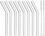 Short Bent Glass Straws, 6 in x 10 mm Reusable Clear Glass Curved Cocktail Straws for Whiskey, Coffee, Soda, Water, Pack of 8 with Brush
