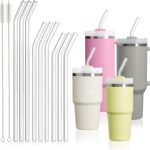 [9 PCS] Replacement Glass Straw for  40 30 20 14 oz - Size 12"x10mm 10.4"x10mm 9"x10mm Reusable Glass Straws Shatter Resistant, 9 Bent Clear Straws with 2 Straw Brush for