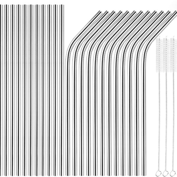 [24 PCS] Extra Long 10.4 inch Value Pack Reusable Stainless Steel Straws Combinations,  Metal Straw Sets with Cleaning Brushes, 12 Straight 12 Bent For Tumblers Beverage Drinks Cocktail